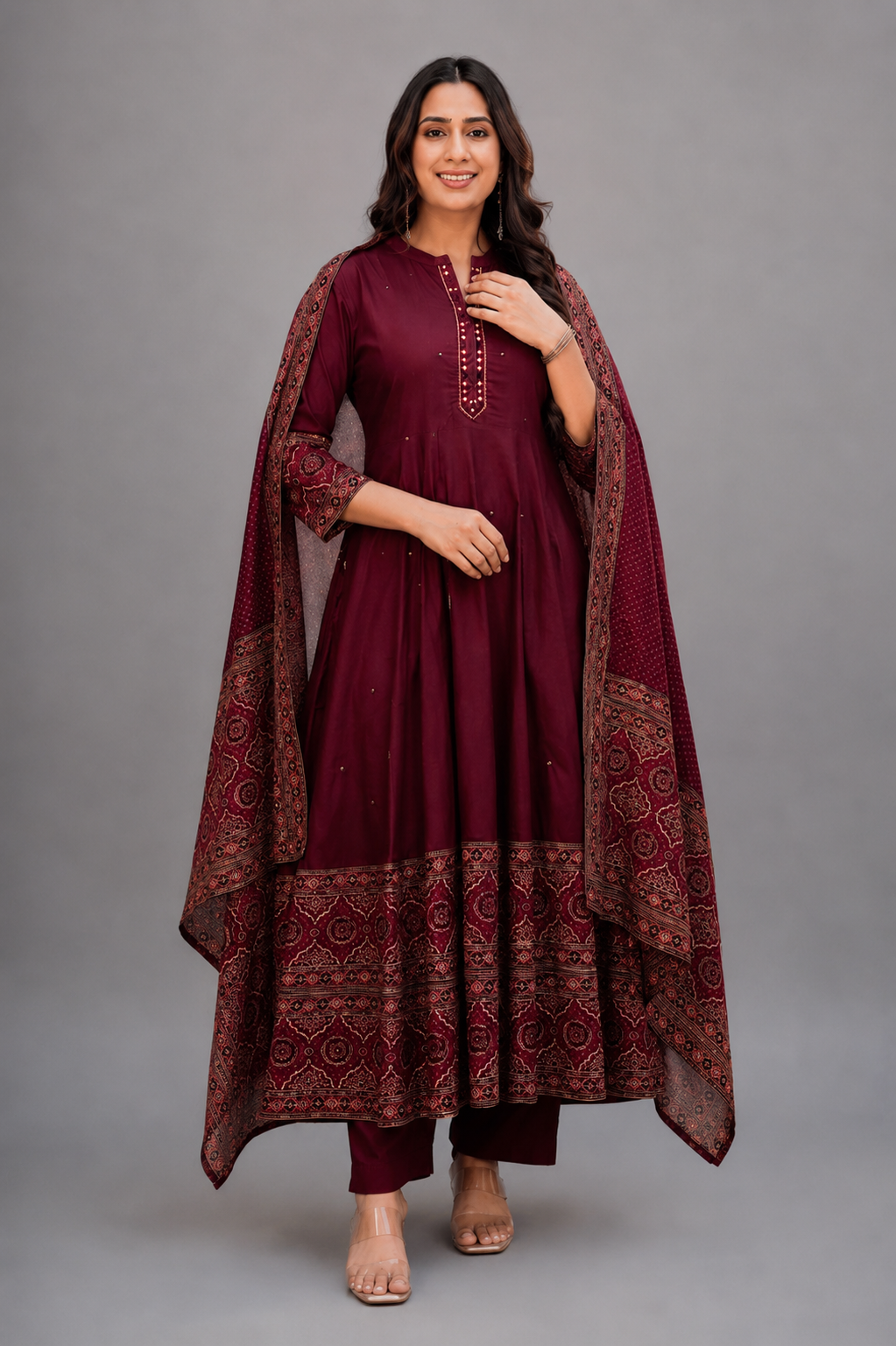 Maroon Printed Anarkali Suit Set with Dupatta