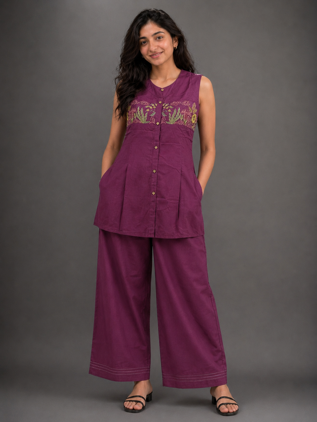 Purple Sleeveless Embroidered Co-ord Set