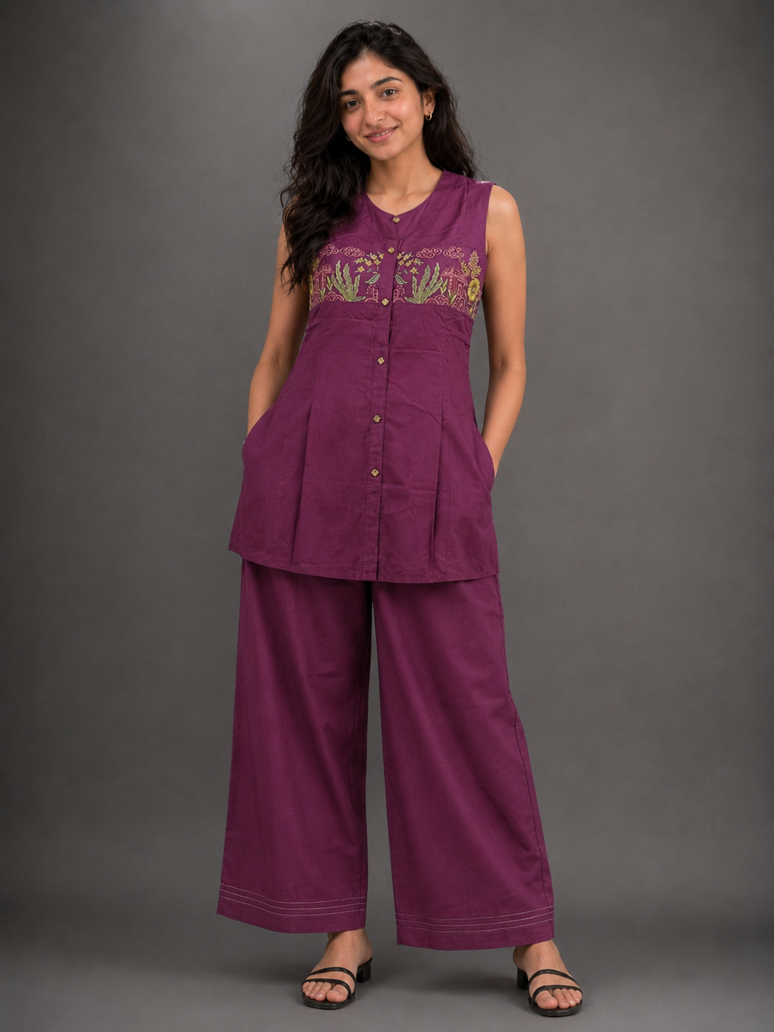 Purple Sleeveless Embroidered Co-ord Set