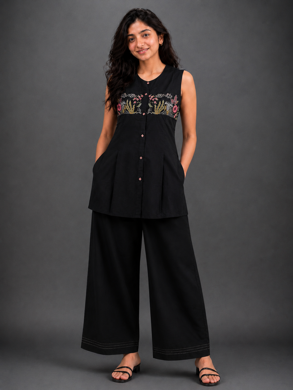 Black Sleeveless Embroidered Co-ord Set