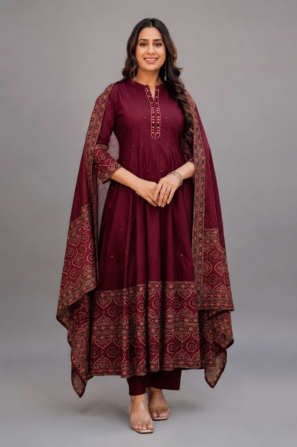 Maroon Printed Anarkali Suit Set with Dupatta