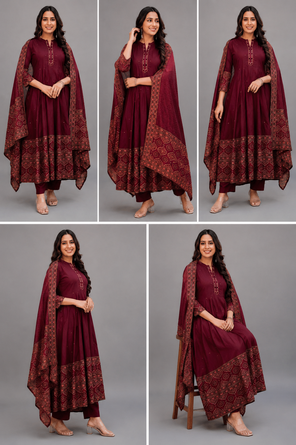 Maroon Printed Anarkali Suit Set with Dupatta