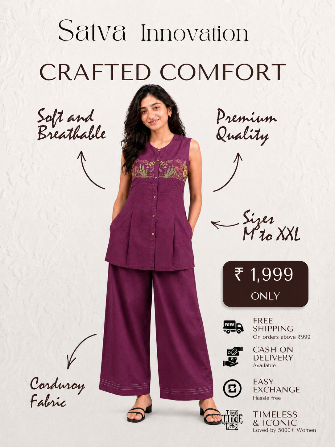 Purple Sleeveless Embroidered Co-ord Set