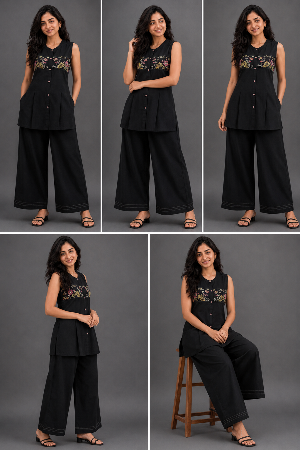 Black Sleeveless Embroidered Co-ord Set